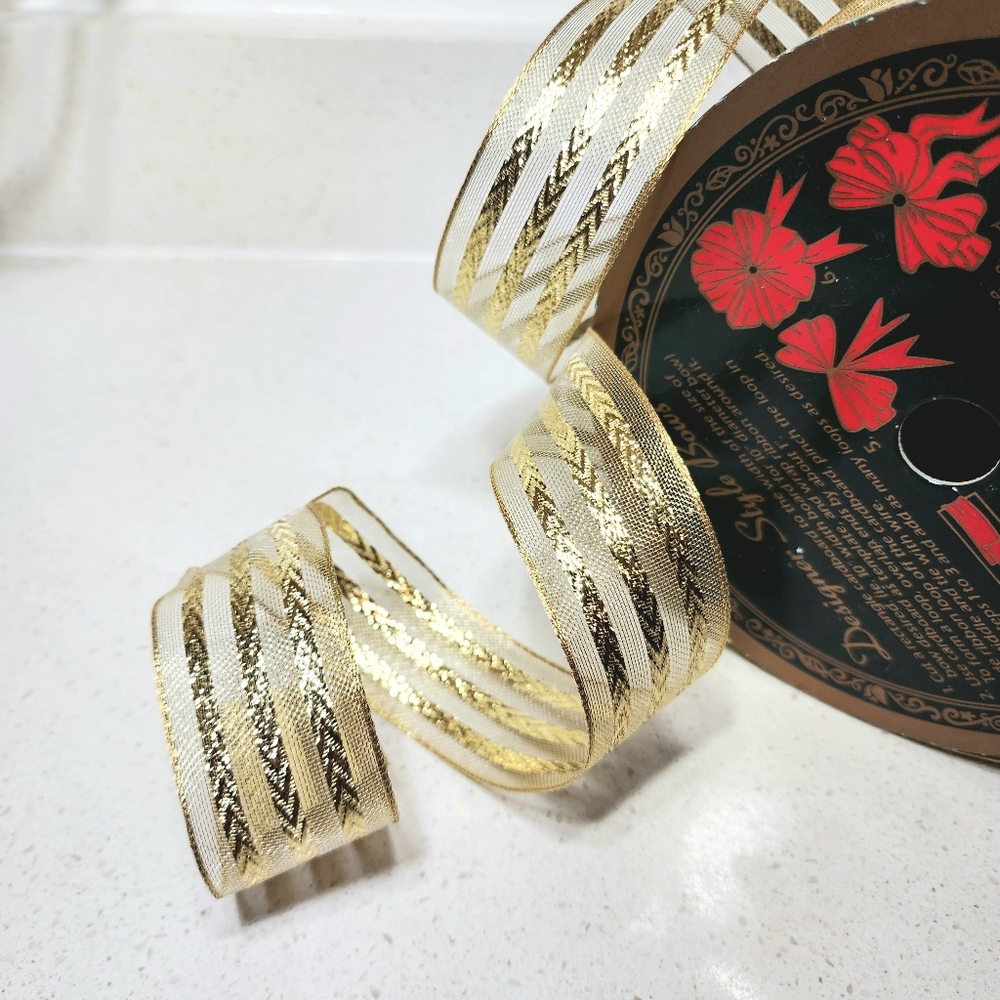 Vintage Wired Woven And Mesh Gold Holiday Ribbon 55x1.5. New With Tags